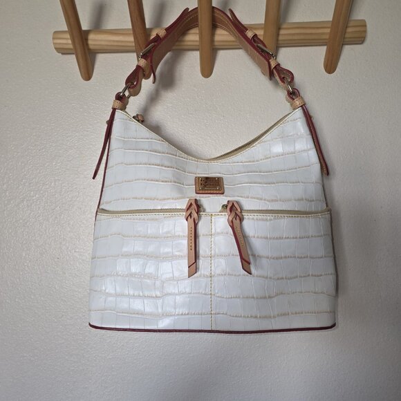 Dooney & Bourke Croco Embossed Leather Hobo Shoulder Bag Ivory Tan Trim - Picture 2 of 16